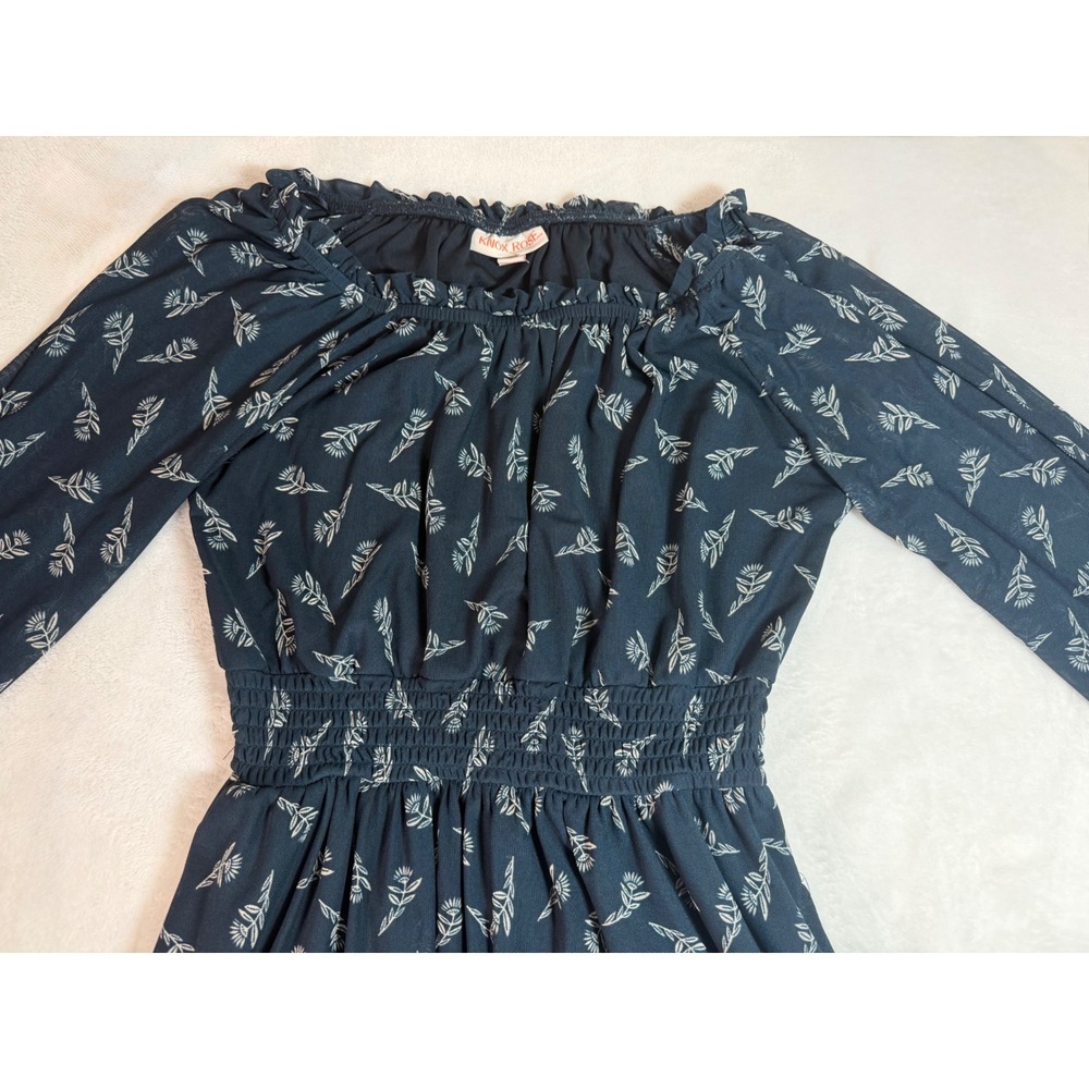 Knox Rose Navy Blue Floral Smocked Waist Maxi Dress Womens XS Long Sleeve Boho - Picture 7 of 9
